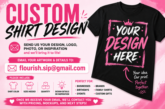 Black t-shirt with pink text 'Your Design Here' on a pink background with promotional text for custom shirt design service.